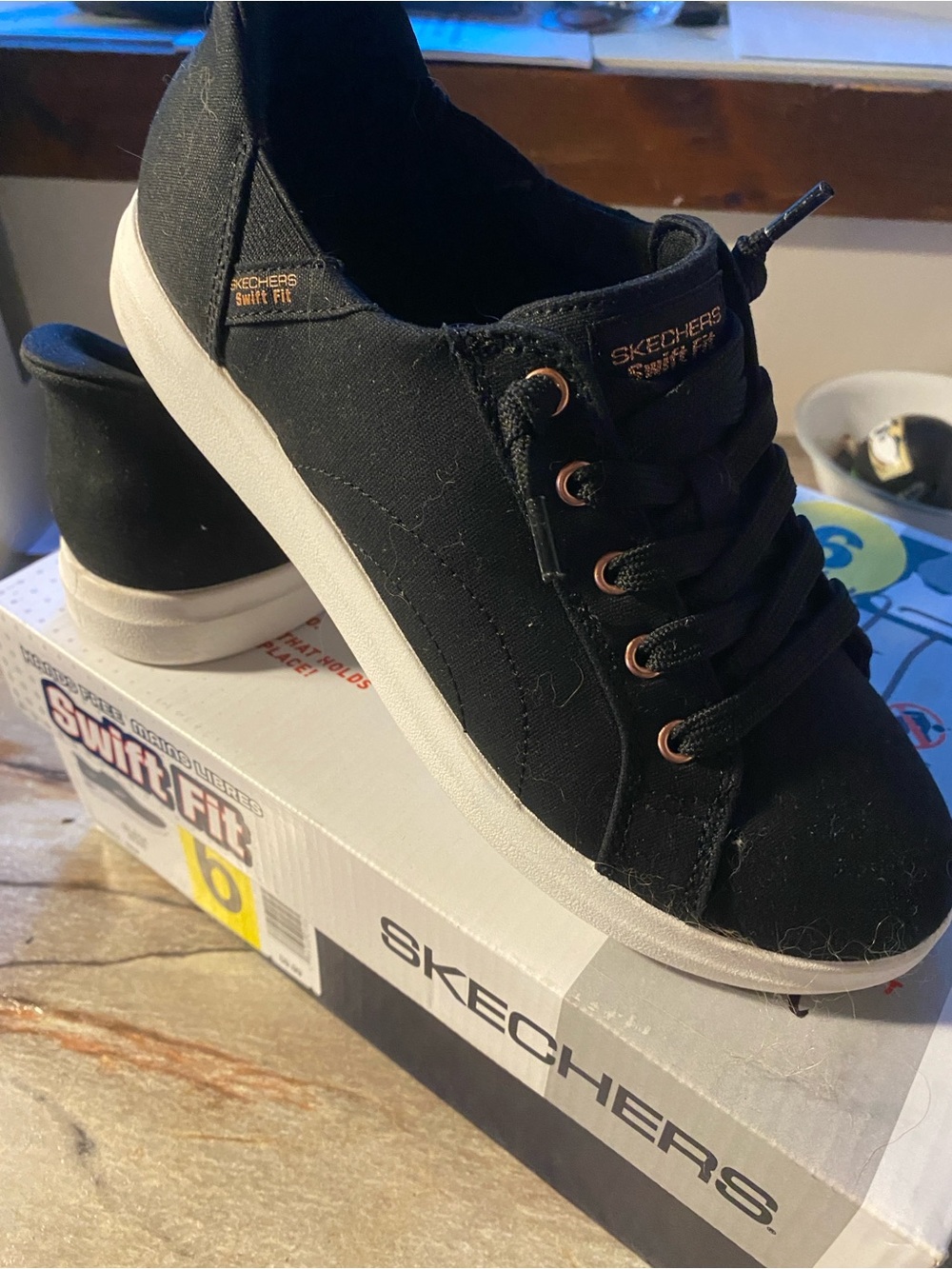 Skechers Women’s Black Canvas Swift Fit Lace-Up Sneakers with White Sole
